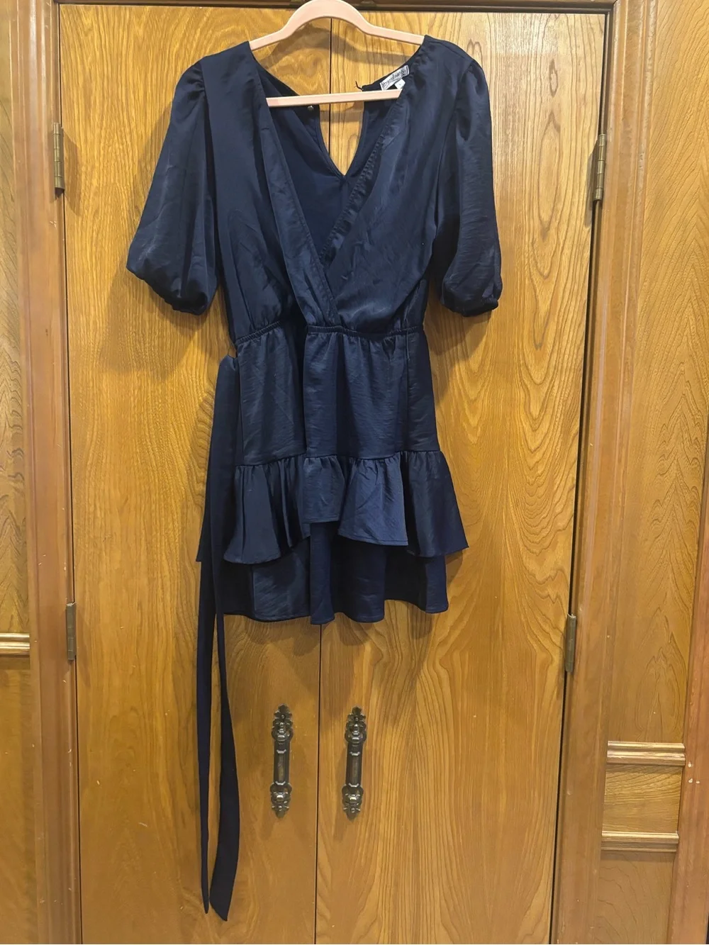 Xtraordinary Navy Faux Wrap Tiered Mini Dress Puff Sleeve Size L